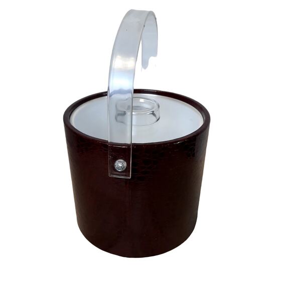 MID CENTURY MODERN VINTAGE BROWN VINYL ICE BUCKET WITH LID‎ & HANDLE MADE IN USA - Picture 5 of 9